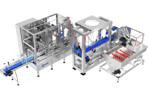 maquina Esteira linha de produção de envase, tampadora, soluções de embalagens com robotica ABB